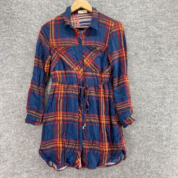 5/$45Love Notes Shirt Dress Women M Medium Blue Plaid Short Collared Drawstring - Picture 1 of 9